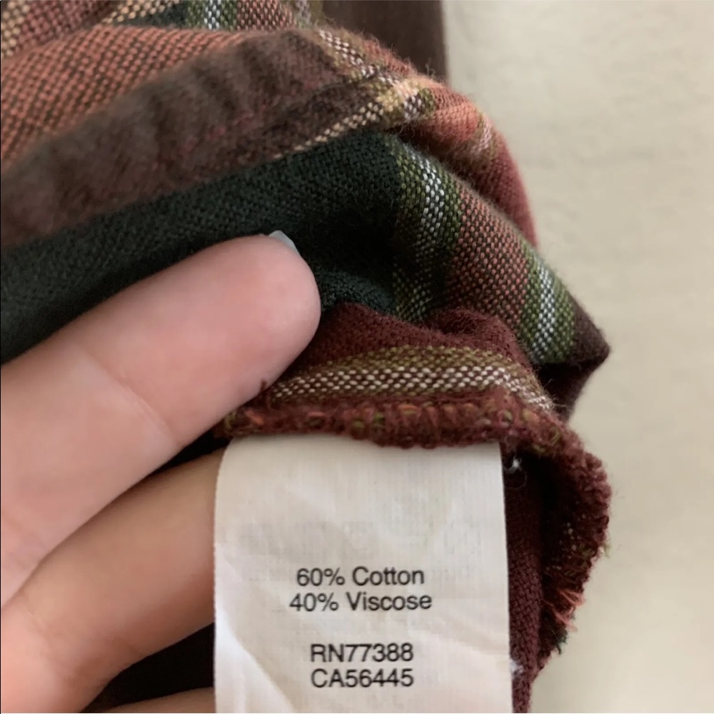 Madewell Burgundy Brown and Green Plaid Button-Down Tie-Neck Shirt - Picture 4 of 7